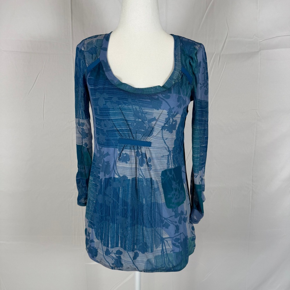 DKNY Jeans Womens Blue Teal Floral Patchwork Mesh Long Sleeve Top Scoop Neck S